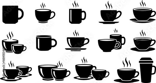 Coffee cup silhouette, Coffee and tea cups silhouette, Coffee and tea cups svg, Coffee cup svg, Tea cup silhouette, Teacup svg, Ceramic cups silhouette, Tea and coffee cup icon set.