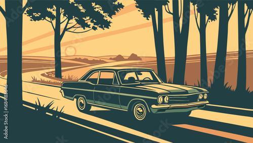 Vintage Classic Car Driving on Country Road at Sunset Retro Road Trip Illustration.