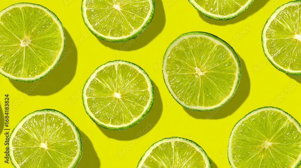 Fototapeta premium Fresh lime slices arranged on a bright yellow background