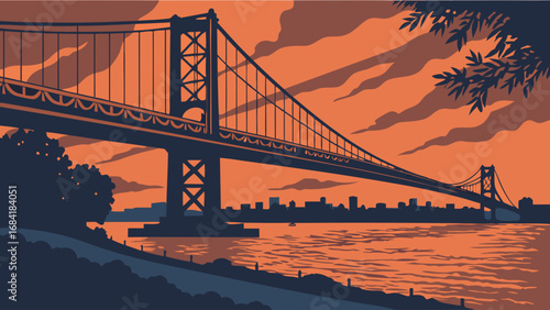 Suspension Bridge at Sunset Cityscape Silhouette Vector Illustration.