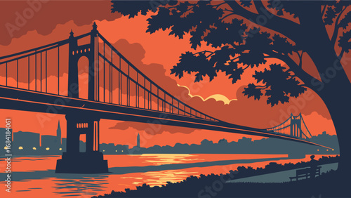Bridge Silhouette over Water at Sunset Vector Art Dramatic Sky.