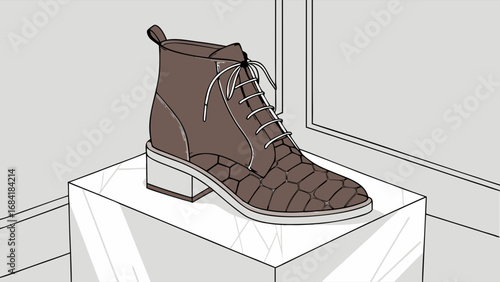A stylish brown boot on a display pedestal.
