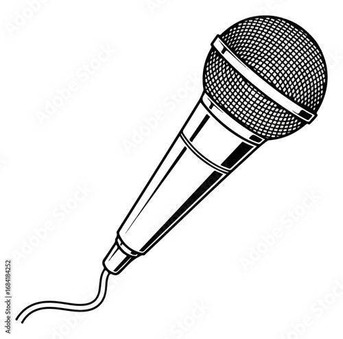 Detailed black and white illustration of a microphone for audio recording.