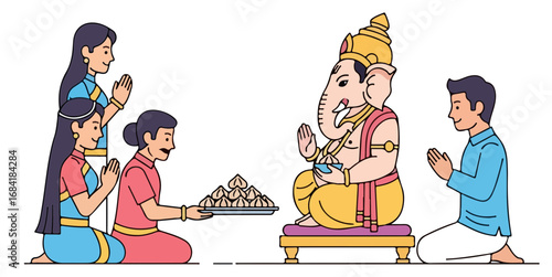 Devotees offering prayers to Lord Ganesha during a Hindu religious ceremony.