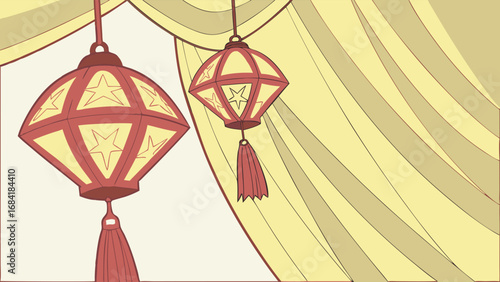 Festive Hanging Lanterns with Draped Fabric Background Asian Style Illustration Celebration Decor Party Decoration Holiday Design Event Decor Hanging Lights Red and Yellow Lanterns.