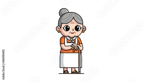 Cartoon illustration of a cute elderly woman with a walking stick.
