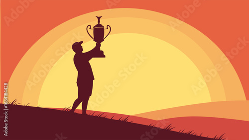 Silhouette of Person Holding Trophy at Sunset.