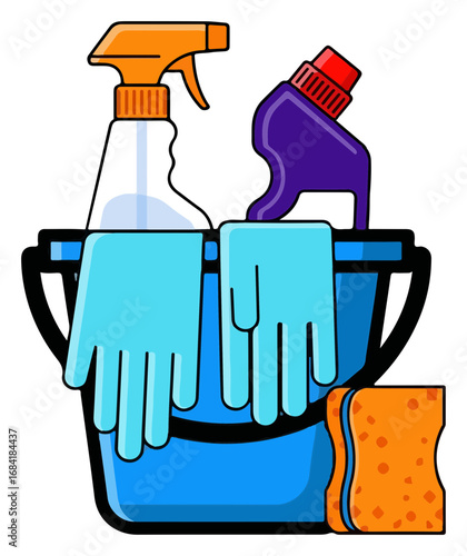 Cleaning supplies in a blue bucket for house cleaning.