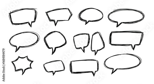 A collection of various hand-drawn, sketchy speech bubbles and comic talk balloons on a white background.