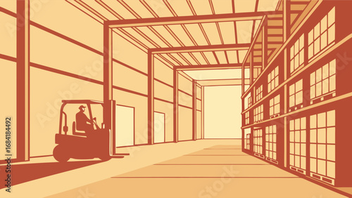 Warehouse Interior with Forklift and High Shelves.