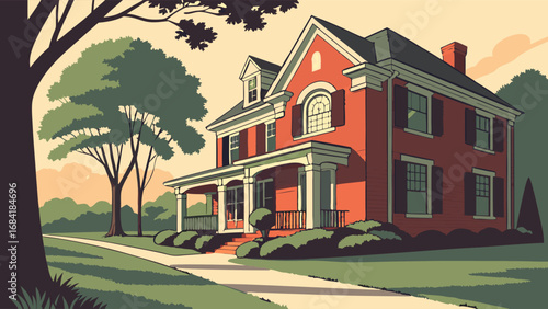 Suburban House Residential Building Home Exterior Tree-lined Driveway Evening Sunset Brick House Illustration Vector Art Real Estate Graphic Home Design Architecture Illustration House with Porch Fam.