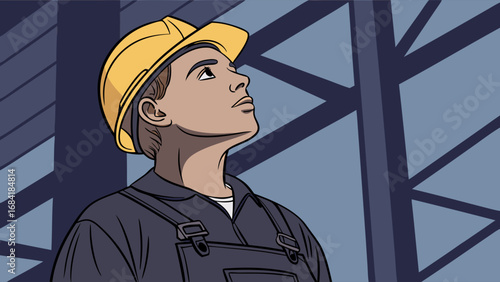 Worker in hard hat looking up at construction.