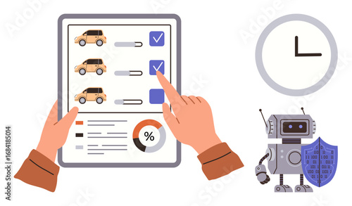 Hands marking car insurance checklist with robot assistant, clock, and data pie chart. Ideal for automation, technology, insurance, AI, decision-making time management security. Simple flat