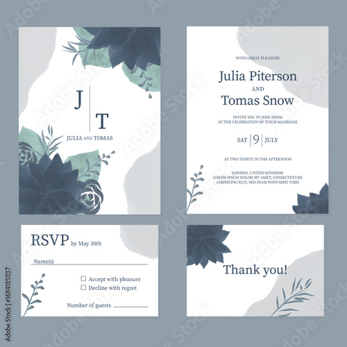 Rustic Wedding Invitation Suite – Watercolor Floral Vector Templates-Blue Tones