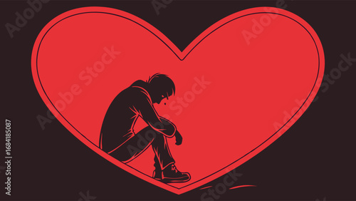Sad Person Silhouette within a Heart Shape Heartbreak Loneliness Depression Concept Illustration.