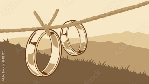 Wedding Rings Hanging on Rope Against a Scenic Background.