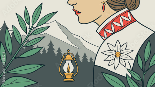 Vintage illustration of a woman mountains and lantern.