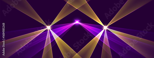 Laser rays or beams, glowing neon lines, bright futuristic background. Motion or speed light effect. Concert or nightclub spotlights. Vector illustration.