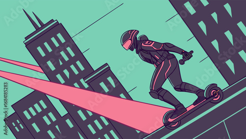 Futuristic Rider on Electric Scooter in Cityscape Neon Illustration Cyberpunk Style.
