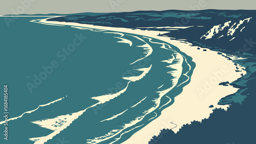 Coastal Scenery Illustration Shoreline Beach and Ocean Abstract Art.