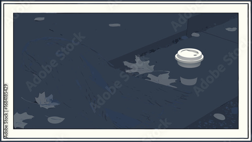 Stylized autumn scene with coffee cup and leaves reflecting in water.
