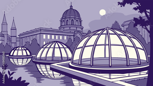 Evening cityscape with geodesic domes and classical architecture.