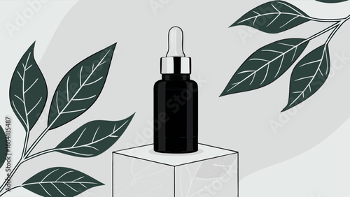 Cosmetic Dropper Bottle on Display Platform with Leaves.