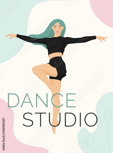 Dance Dancer Woman Fitness Pose – Green Hair, Black Outfit, Pastel Background. Poster – Vector Illustration. EPS
