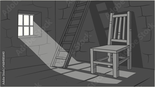 A room with light and shadow a chair a ladder and a window.