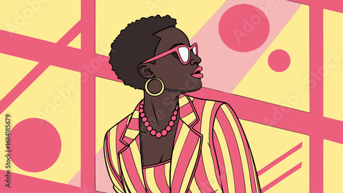 Stylish Woman in Striped Jacket Geometric Background Fashion Illustration.