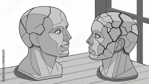 Two Broken Heads Facing Each Other.