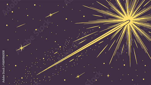 A stylized illustration of the night sky with a comet and stars.