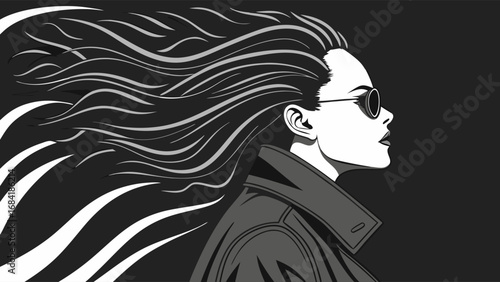 Woman in Sunglasses with Flowing Hair Silhouette.
