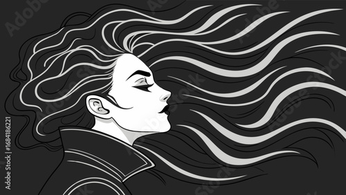 Stylish Woman with Flowing Hair Monochrome Illustration Fashion Beauty Graphic Design Profile Portrait.