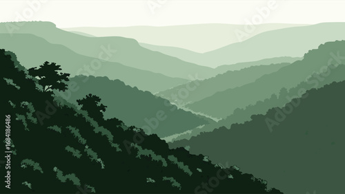 Serene Mountain Range Landscape Panoramic View of Hills and Valley Green Nature Scenery Illustration.