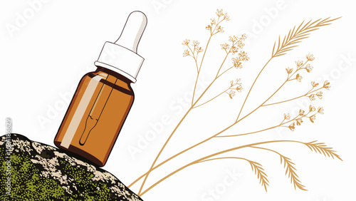 Amber Glass Dropper Bottle with Dried Flowers on Rock Natural Cosmetic Product Mockup Herbal Essential Oil Packaging Design.