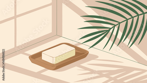 Spa Soap Bar on Tray with Tropical Leaf Shadow.