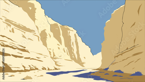 A stylized Illustration of a deep canyon landscape with a river running through it.
