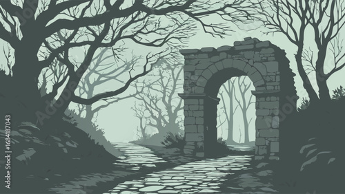 An ancient archway in a misty forest.