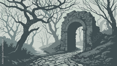 Stone archway in a misty forest cobblestone path fantasy illustration dark fairytale mysterious landscape ancient ruins spooky woods.