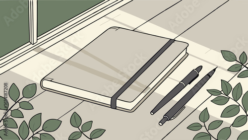 Flatlay of Notebook Pens and Greenery on a Table Minimalist Style Illustration.