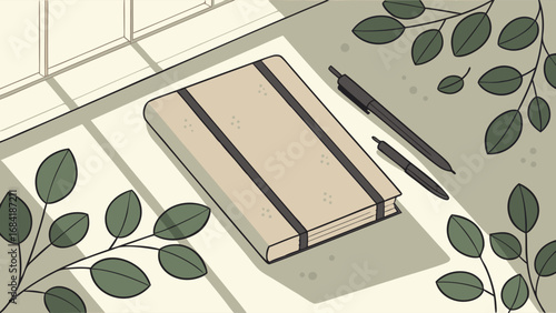 Notebook with Pens on a Table with Green Leaves.