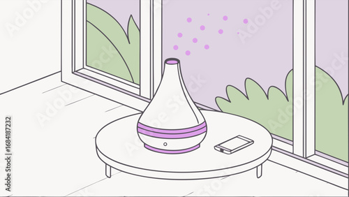 A modern essential oil diffuser on a round table near a window.