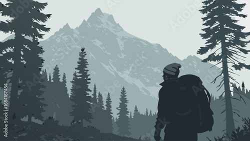 Hiker Hiking in Forest with Mountain Background.
