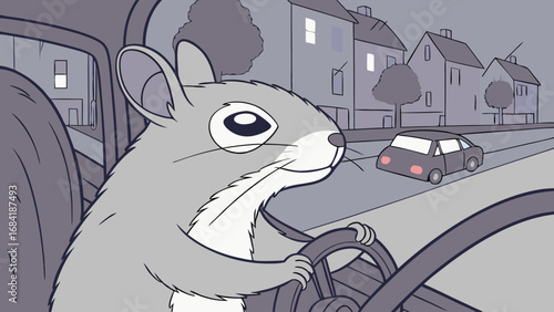 A funny cartoon illustration of an animal driving a car whimsical scene.