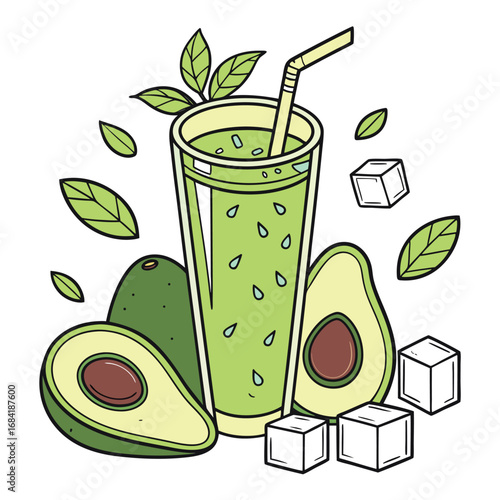 Glass of avocado smoothie with leaves and ice cubes on a white background