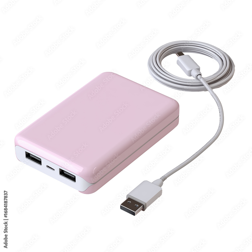 Fototapeta premium Pink power bank with USB ports and cable isolated on a transparent background