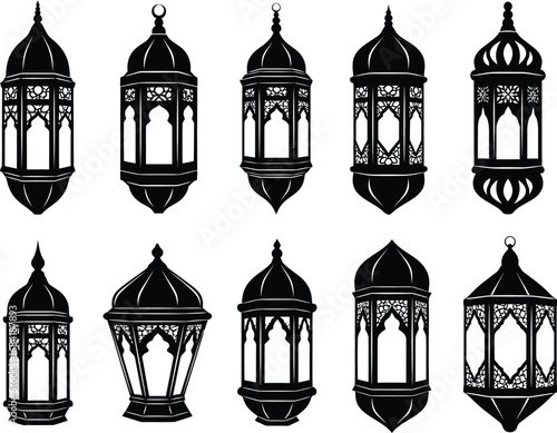 Collection of ornate islamic lanterns in a vintage black and white silhouette style for ramadan and eid celebrations