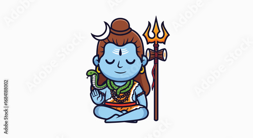 Cute chibi cartoon Lord Shiva meditating in lotus pose, holding Trishul, Damaru, and snake, Hindu god.