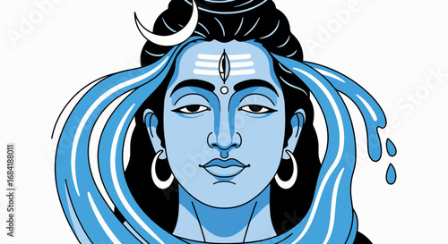 Close-up of Lord Shiva's serene face with third eye and the sacred Ganga river flowing from his matted hair.